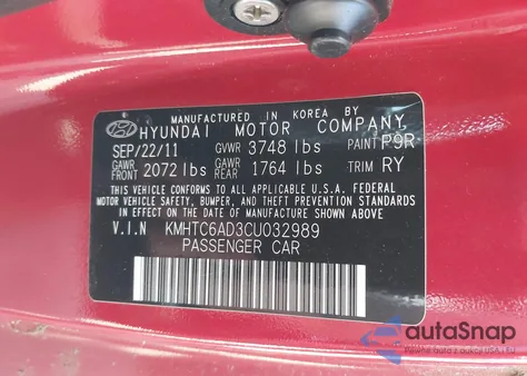 2012 Hyundai Veloster Base W/Red/Black from USA, damaged, VIN KMHTC6AD3CU032989